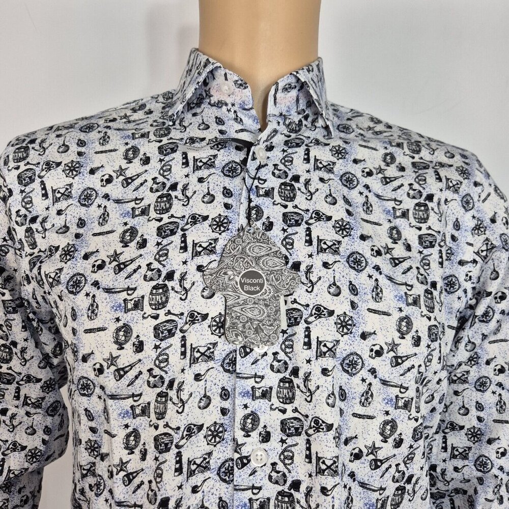 Visconti Black Button Up Flip Cuff Long Sleeve Shirt Men's Size S Black White (8 - Picture 2 of 9